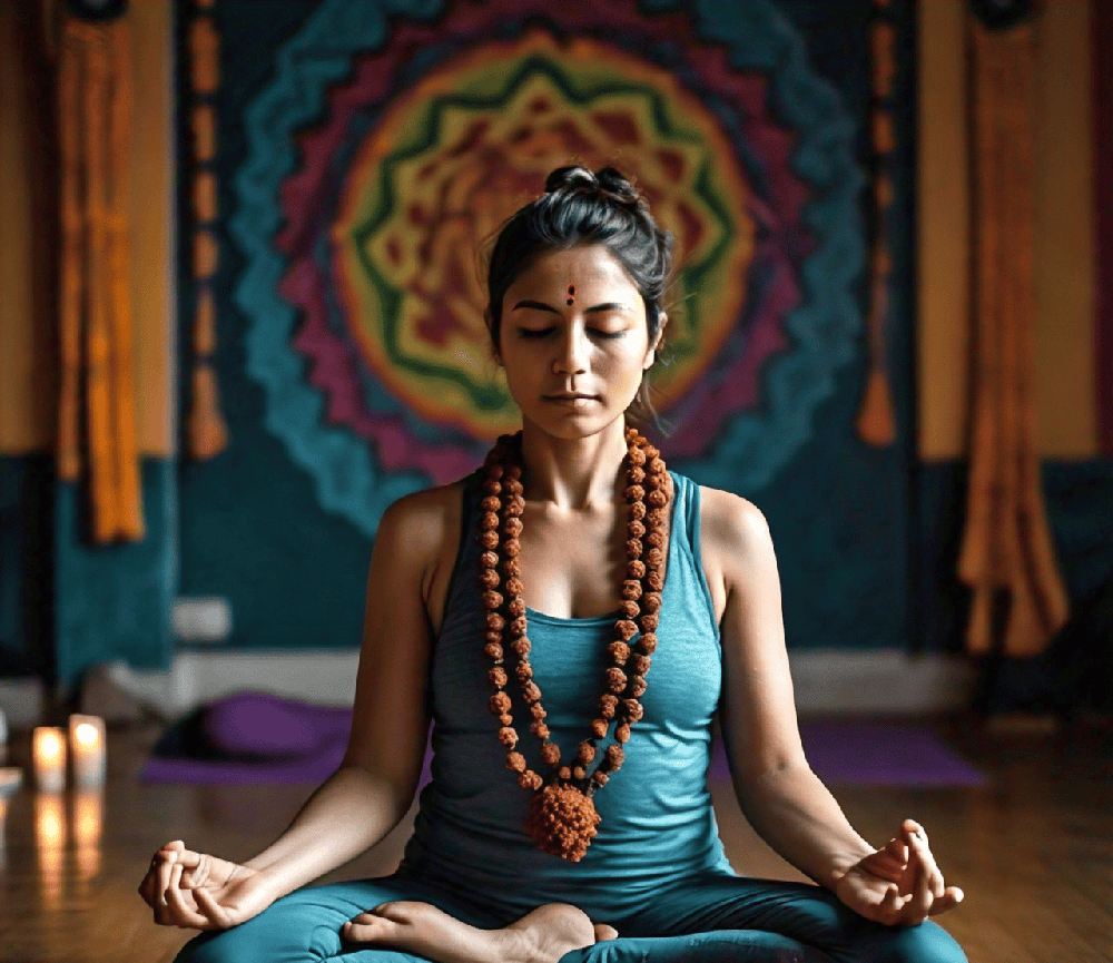 serene setting of a person meditating with a Rudraksha mala, emphasizing the calming effects of the beads on emotional well-being